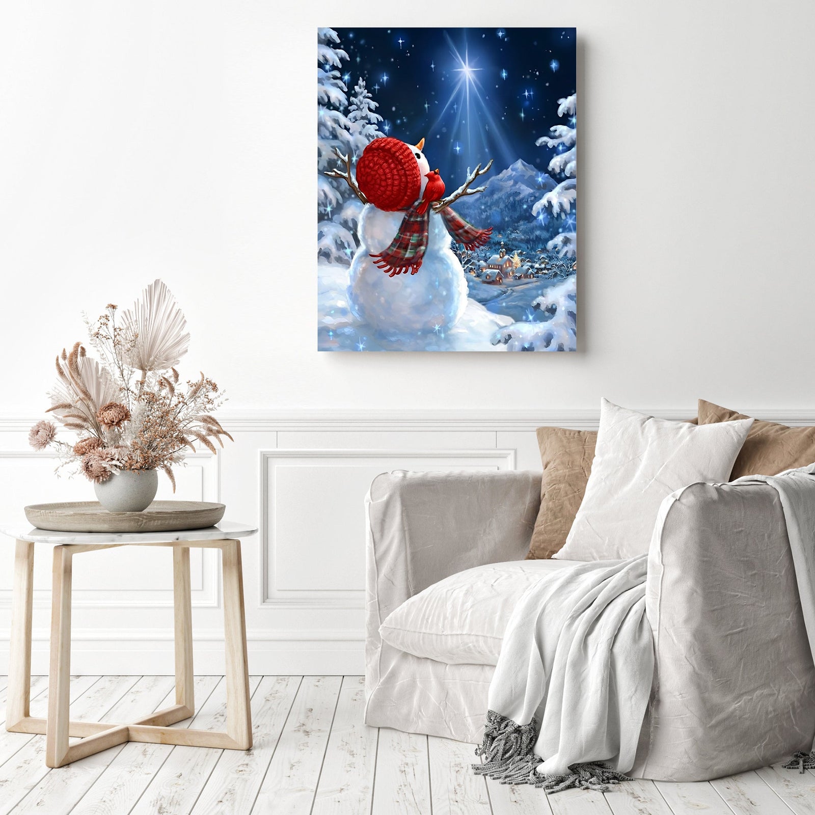 Christmas Snowman Under Stars | Diamond Painting Displayed as Home Decor