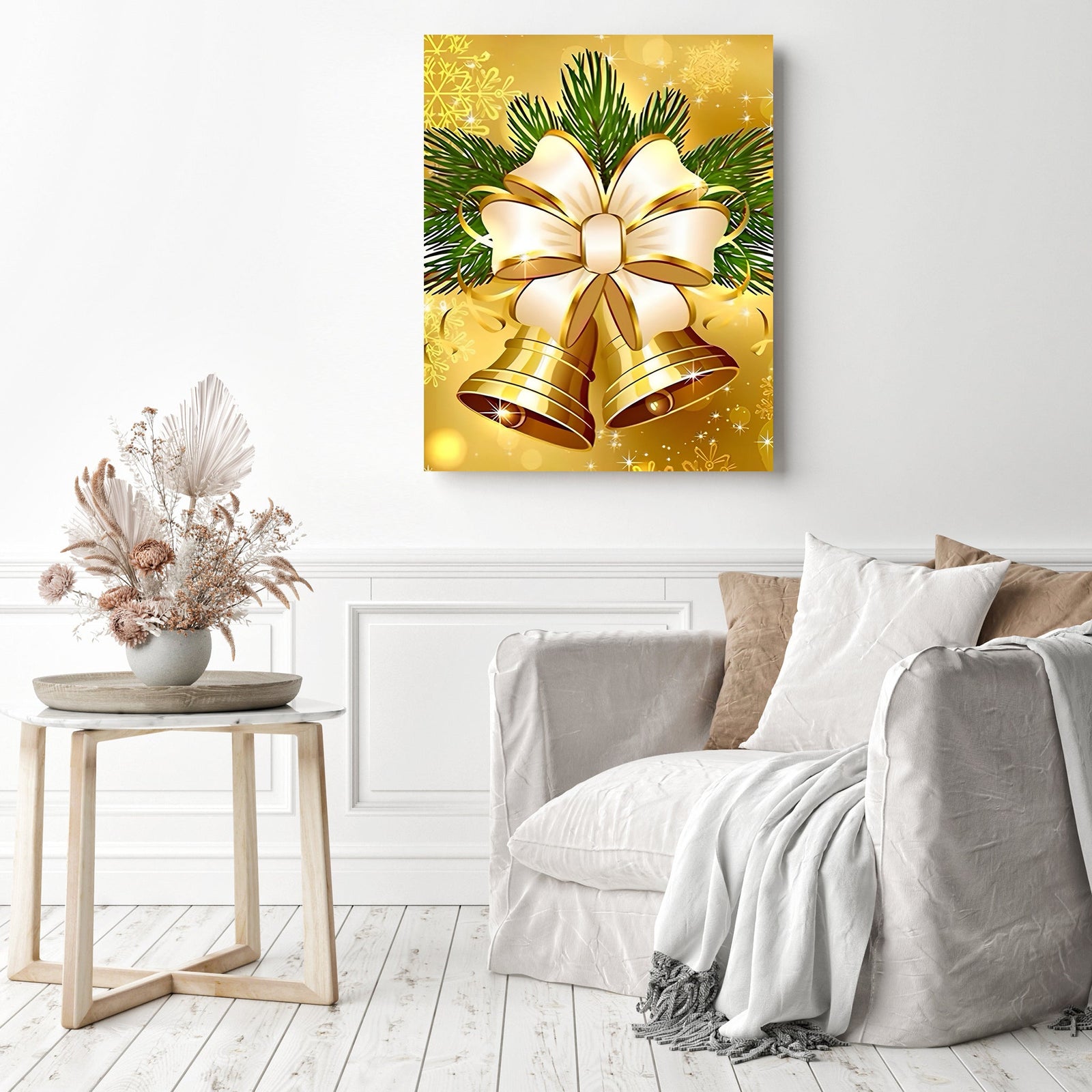 Gold Christmas Bells | Diamond Painting Displayed as Home Decor