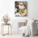 Christmas Santa Sitting with Puppies | Diamond Painting Displayed as Home Decor