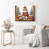 Purrfectly Festive Cozy Kitty | Diamond Painting Displayed as Home Decor