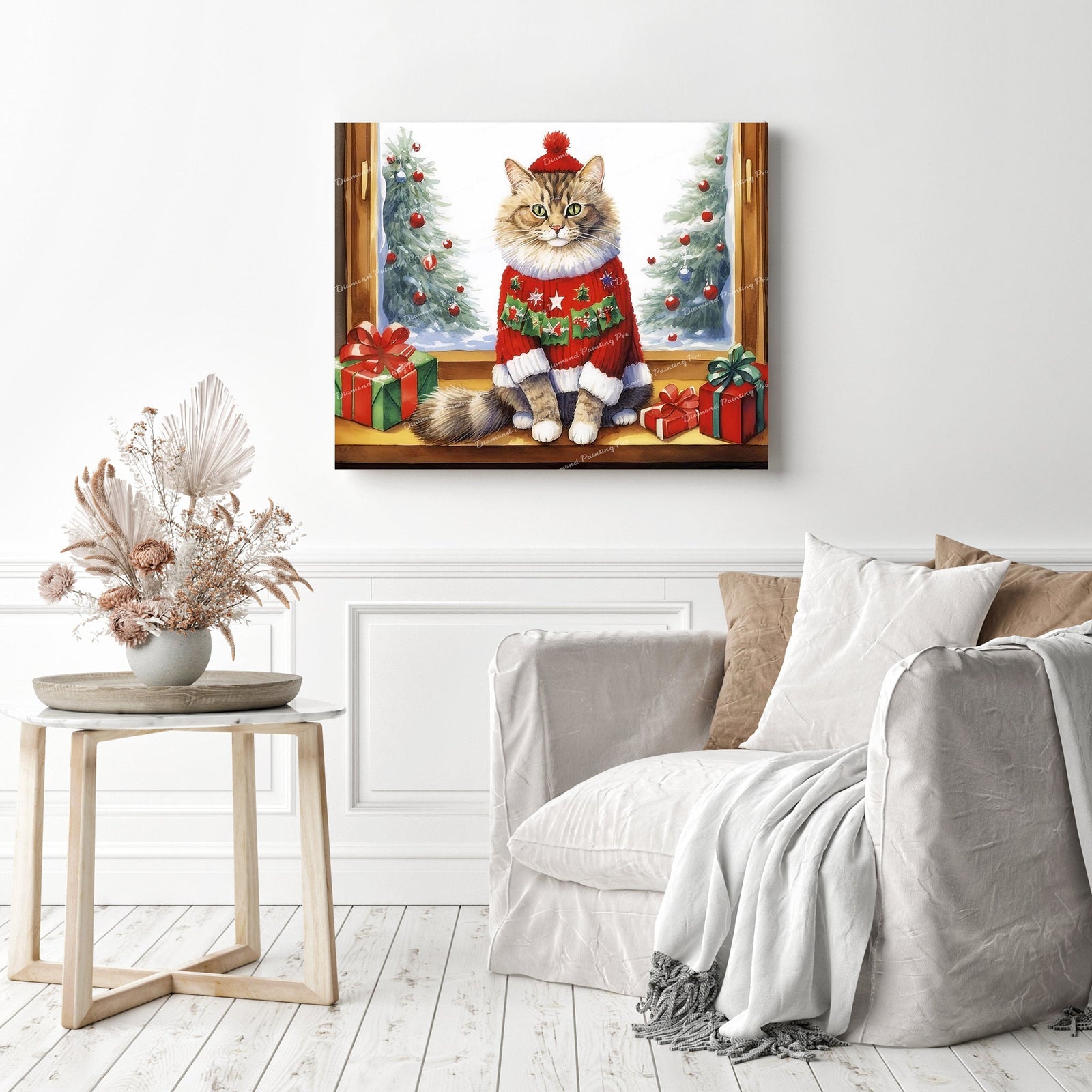 Purrfectly Festive Cozy Kitty | Diamond Painting Displayed as Home Decor