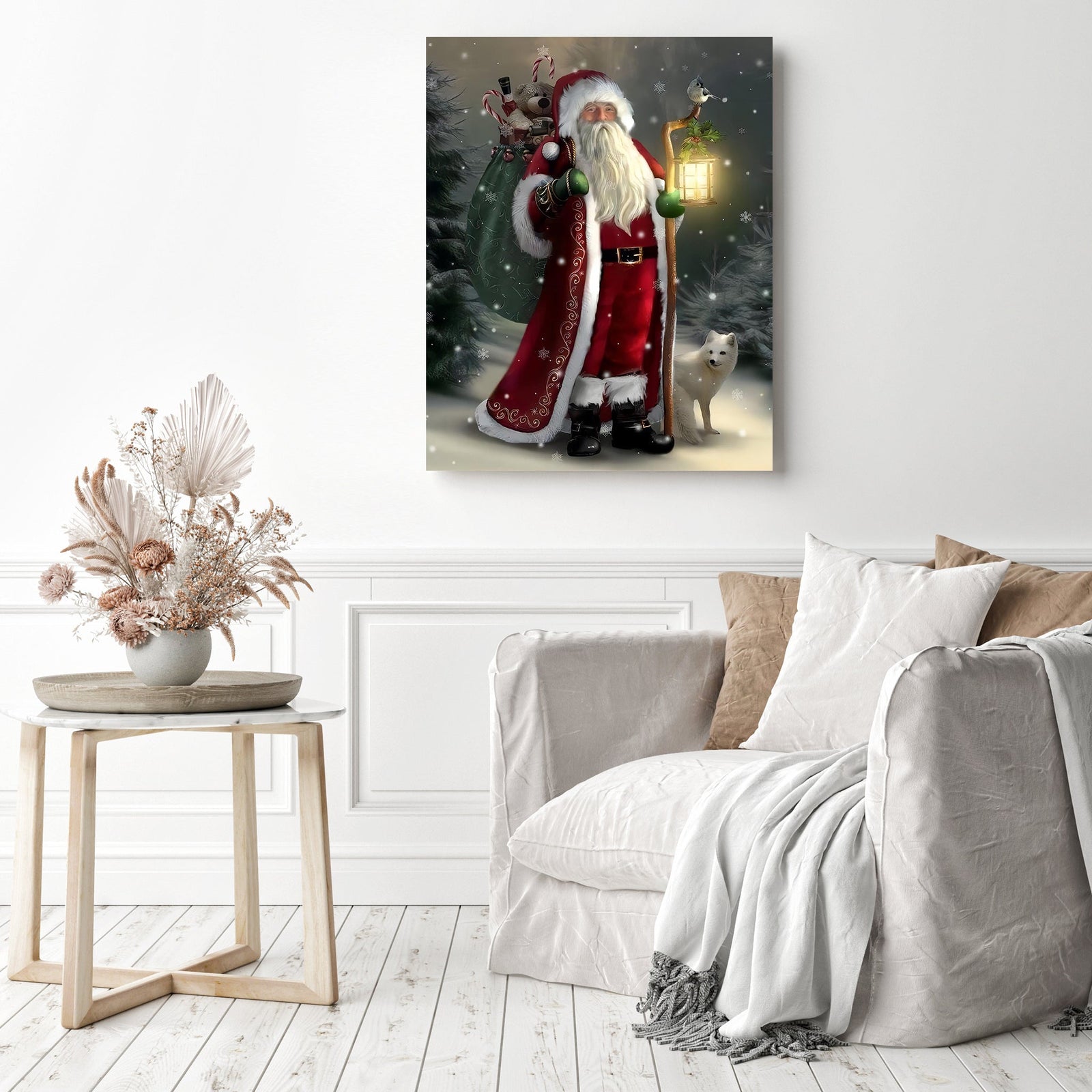 Santa in the Forest | Diamond Painting Displayed as Home Decor