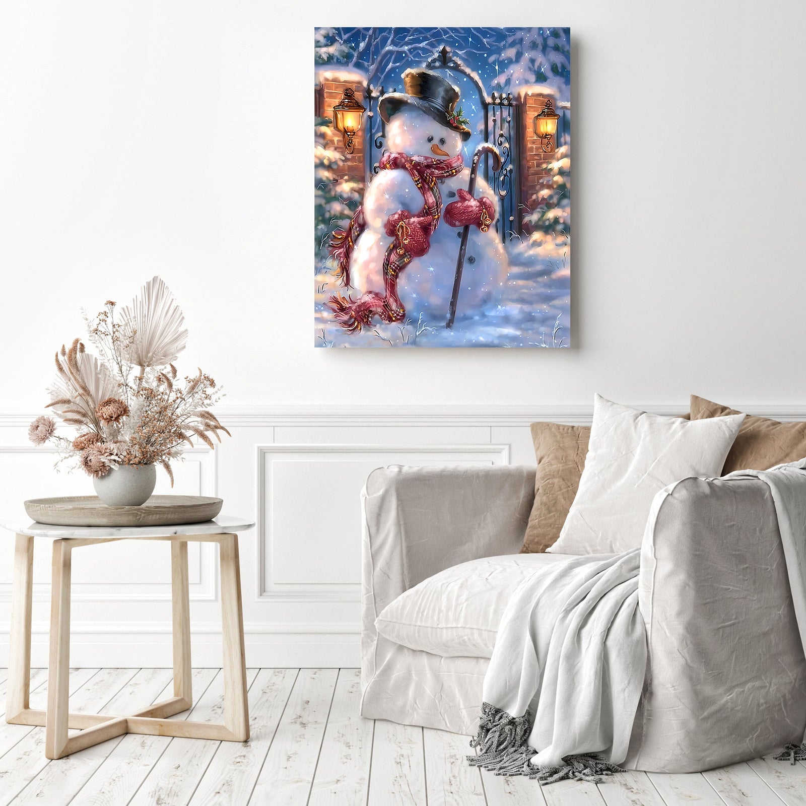 Snowman on Guard | Diamond Painting Displayed as Home Decor