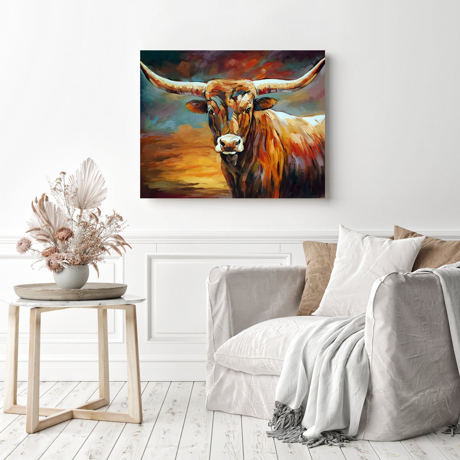 Highland Cattle Sunset | Diamond Painting Displayed as Home Decor