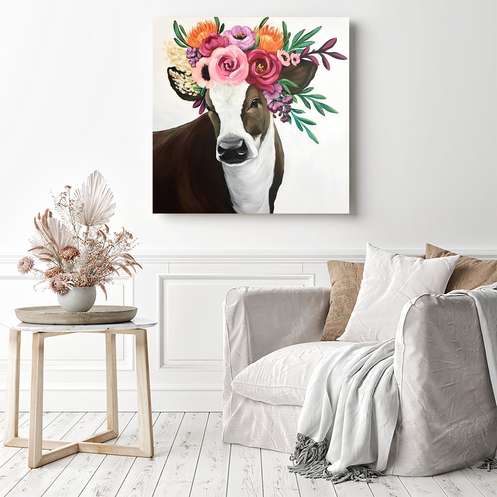 Cow with Flower | Diamond Painting Displayed as Home Decor