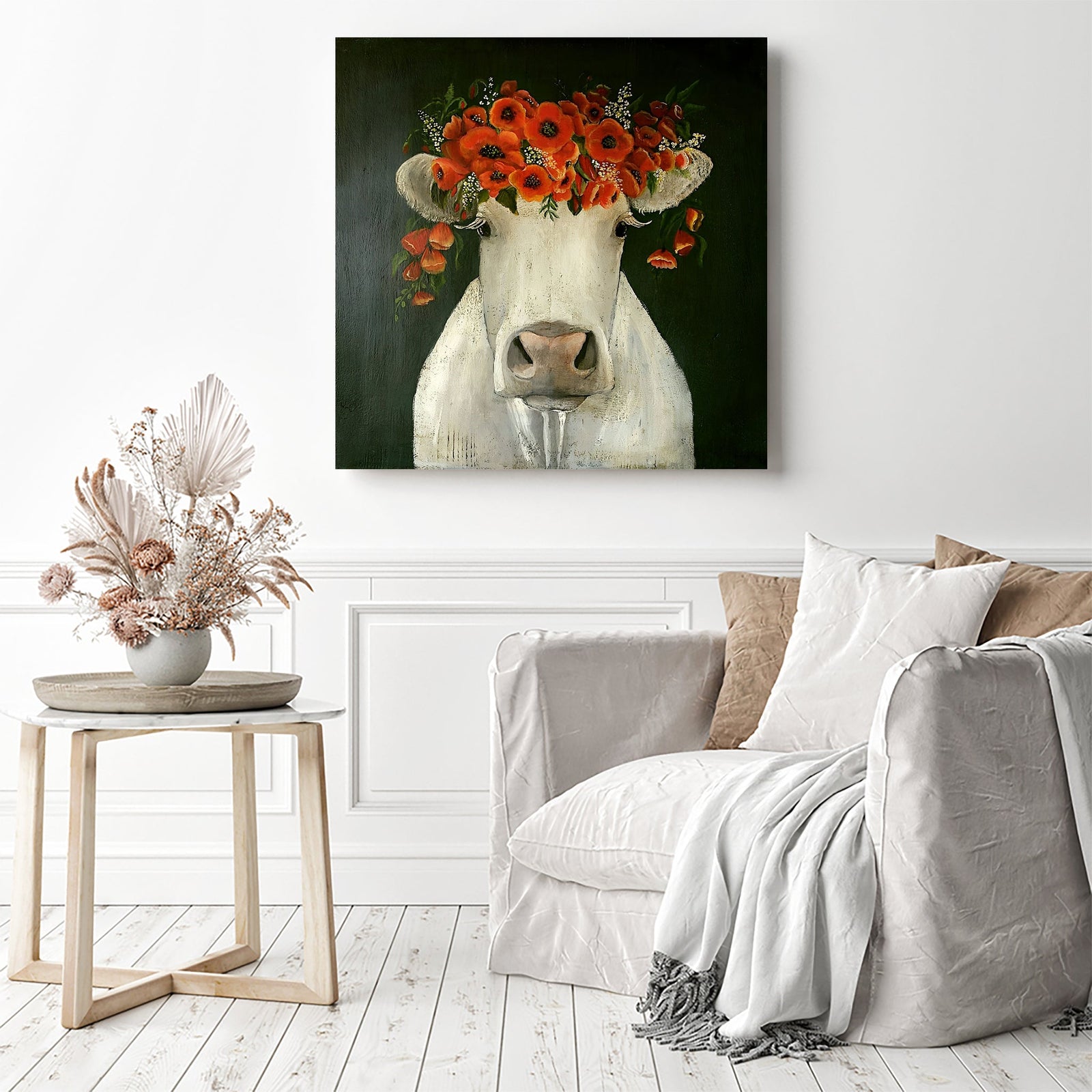 Flower Crown Cow | Diamond Painting Displayed as Home Decor