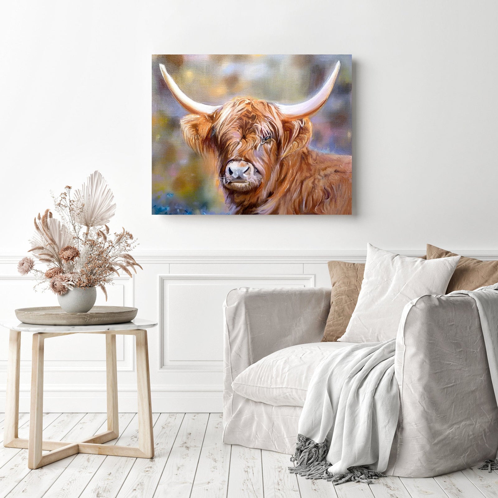 Serene Highland Cow | Diamond Painting Displayed as Home Decor