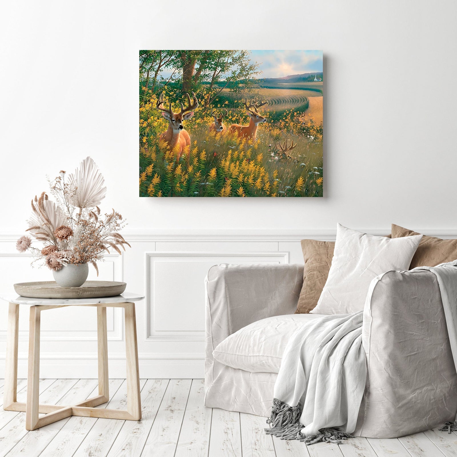 Deer in Field | Diamond Painting Displayed as Home Decor