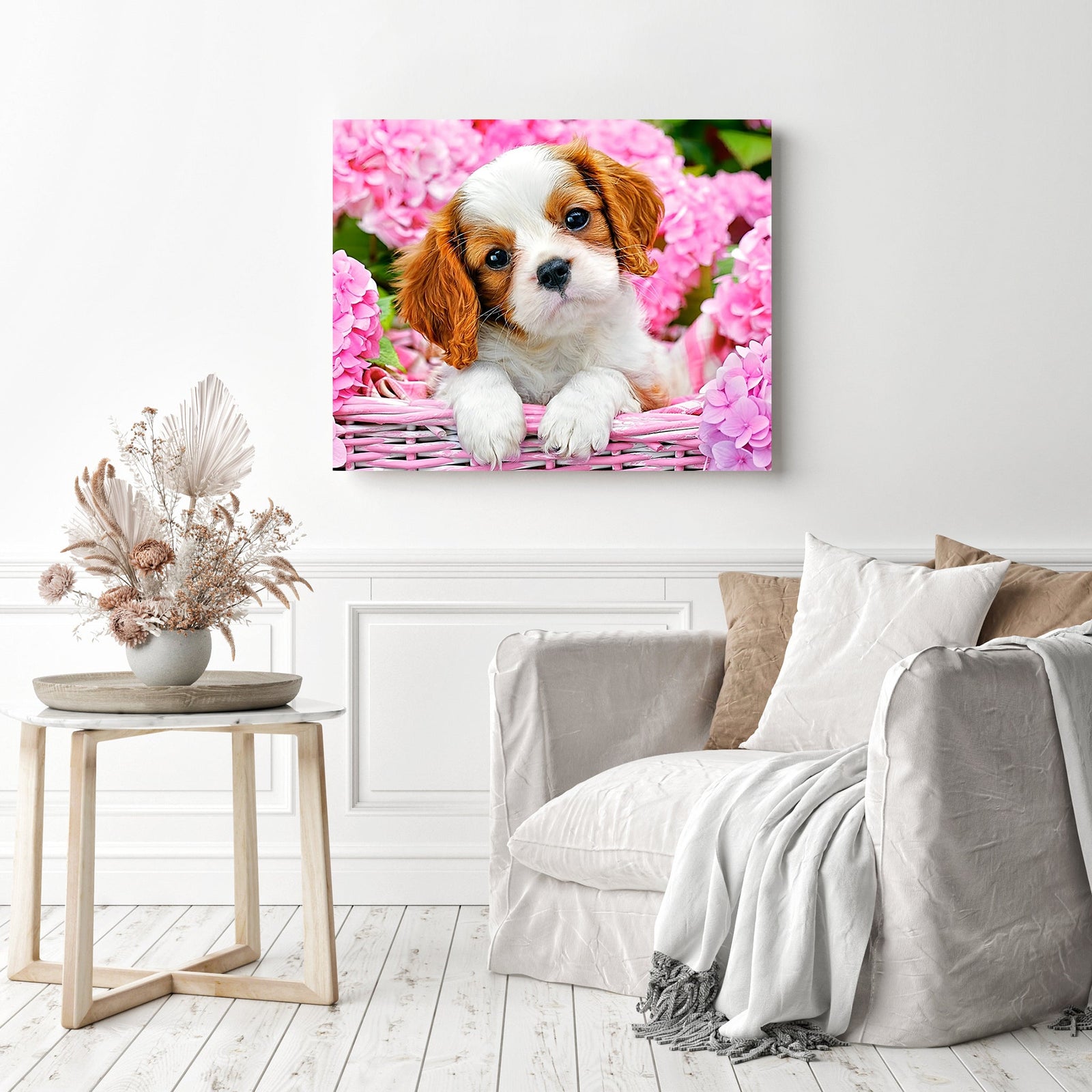 Basket Puppy | Diamond Painting Displayed as Home Decor