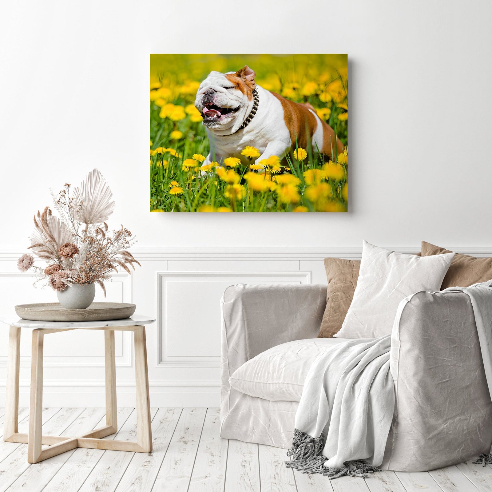 Bulldog and Flowers | Diamond Painting Displayed as Home Decor