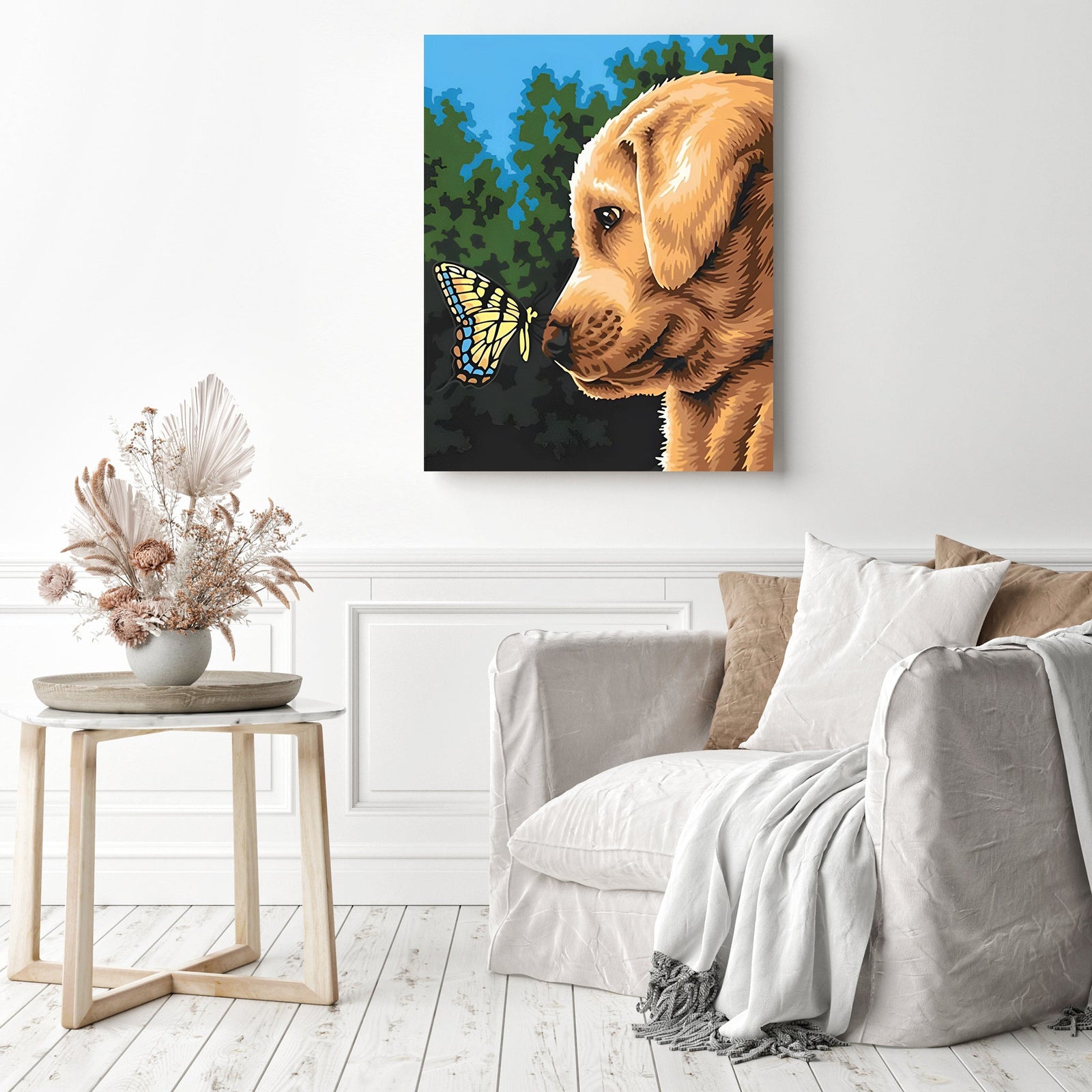 Butterfly and Dog | Diamond Painting Displayed as Home Decor