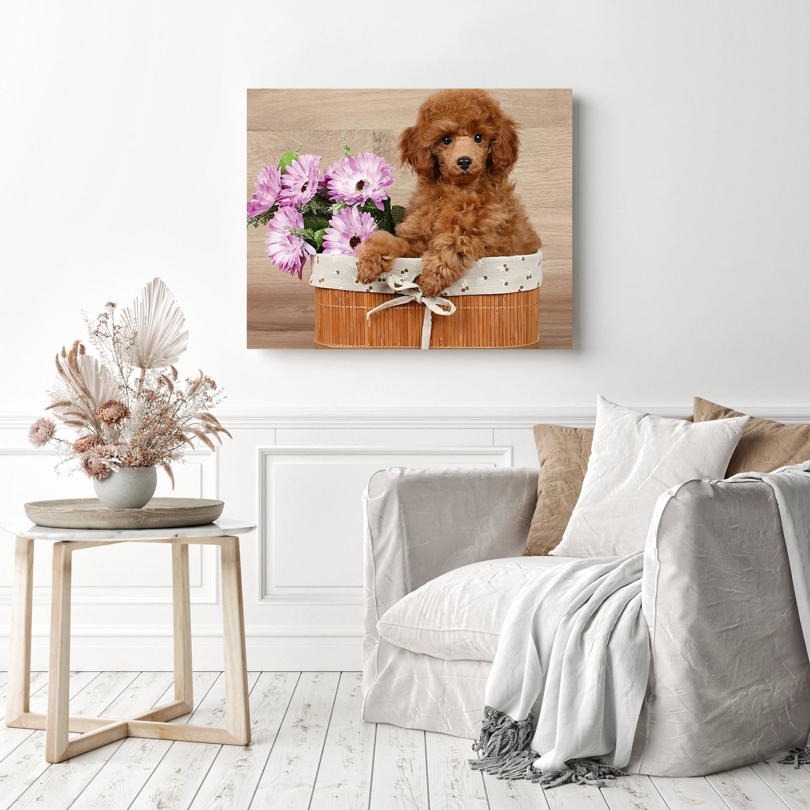 Cute little Poodle with Floral | Diamond Painting Displayed as Home Decor