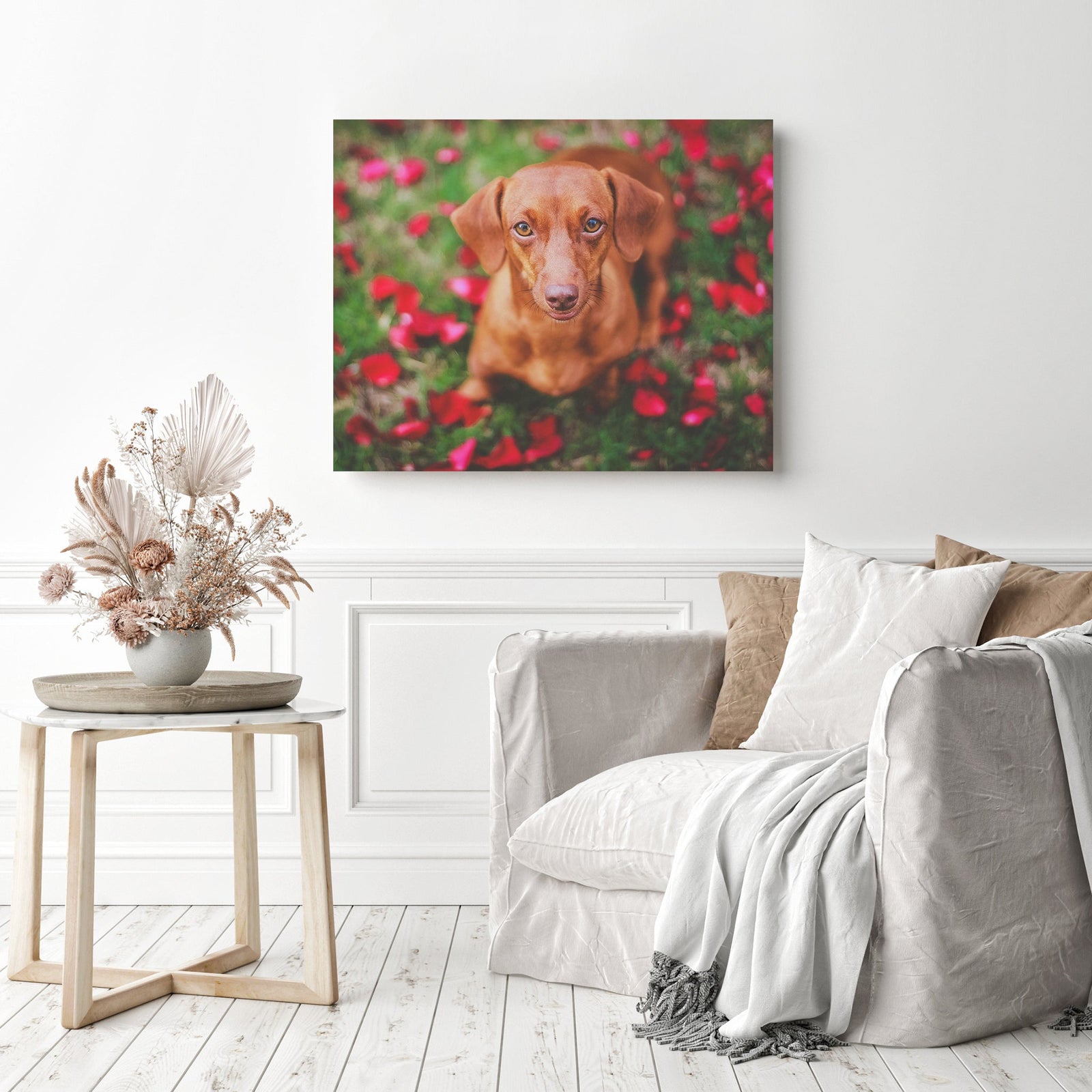 Dachshund Dog Rose Petals | Diamond Painting Displayed as Home Decor