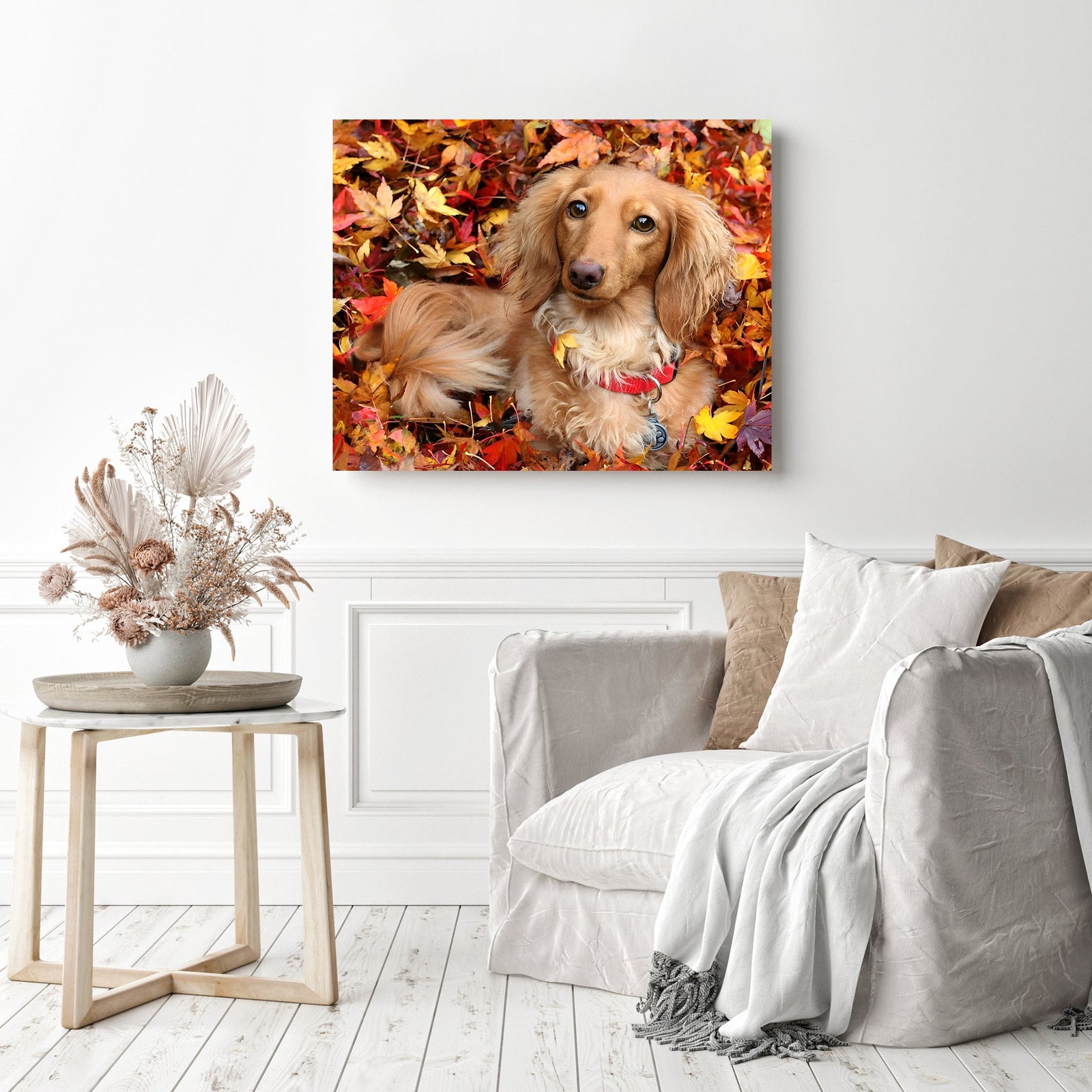 Dog in Autumn | Diamond Painting Displayed as Home Decor