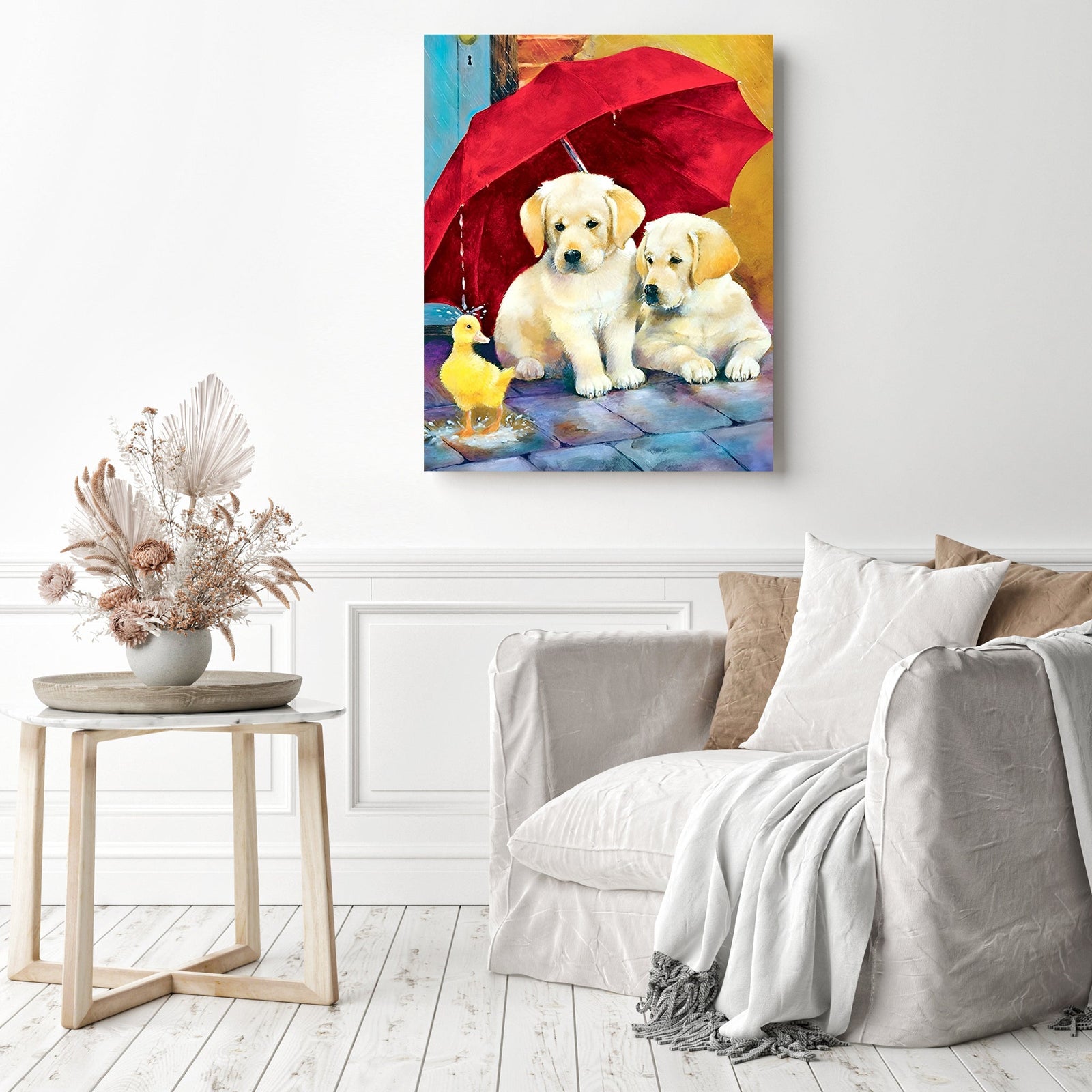 Dogs and Duck | Diamond Painting Displayed as Home Decor