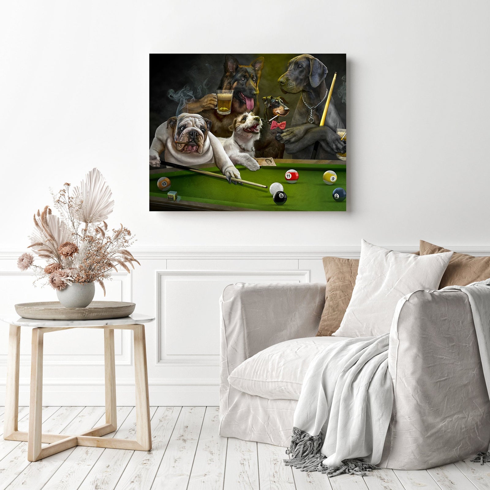 Dogs playing Billiards | Diamond Painting Displayed as Home Decor