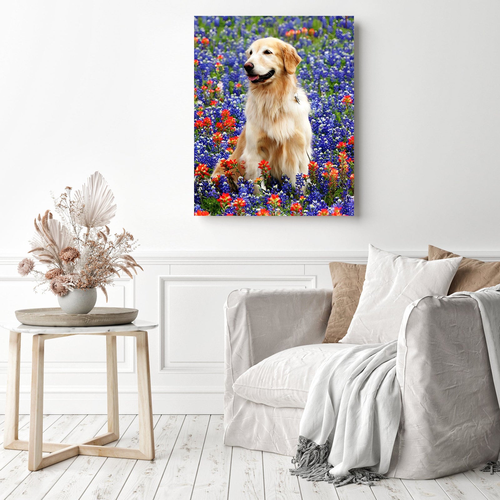 Golden Retriever Floral | Diamond Painting Displayed as Home Decor