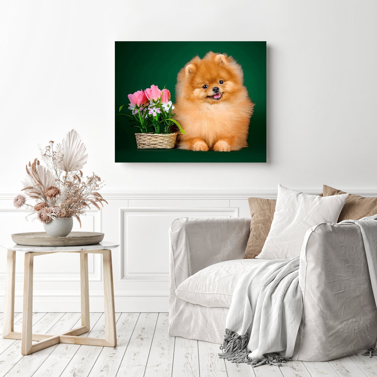 Pomeranian Dog Flowers | Diamond Painting Displayed as Home Decor