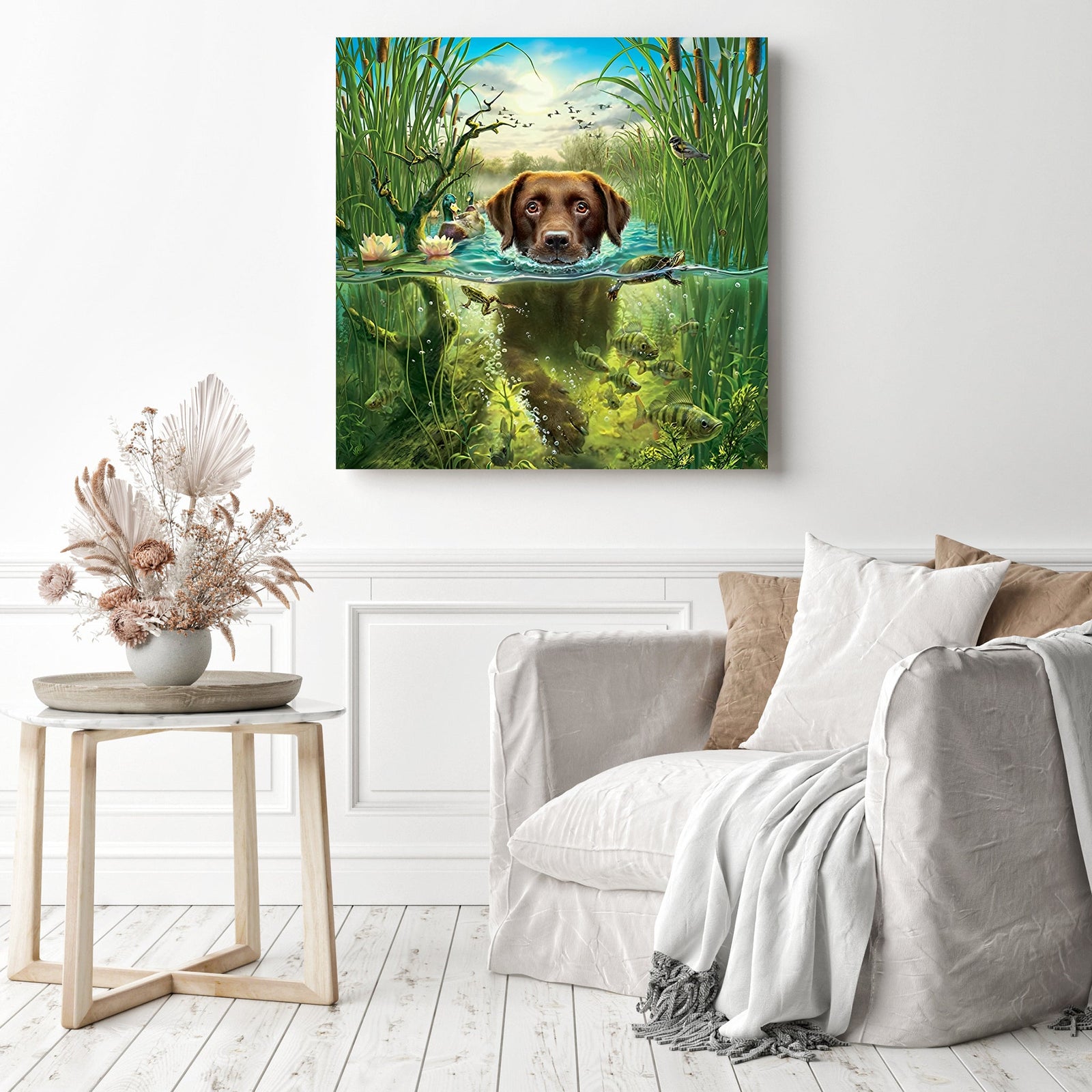 Swimming Dog | Diamond Painting Displayed as Home Decor