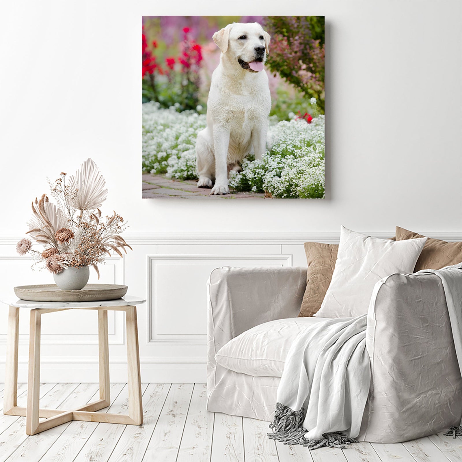 White Golden Retriever | Diamond Painting Displayed as Home Decor