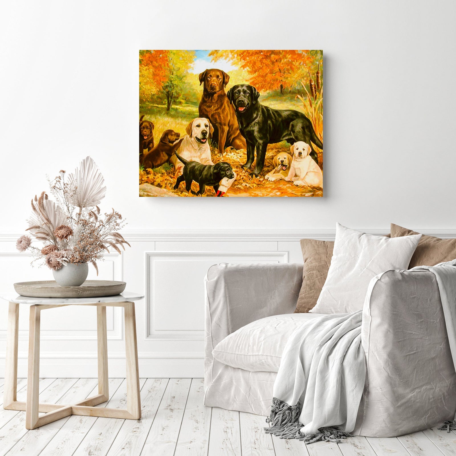 Yellow Autumn Dogs | Diamond Painting Displayed as Home Decor