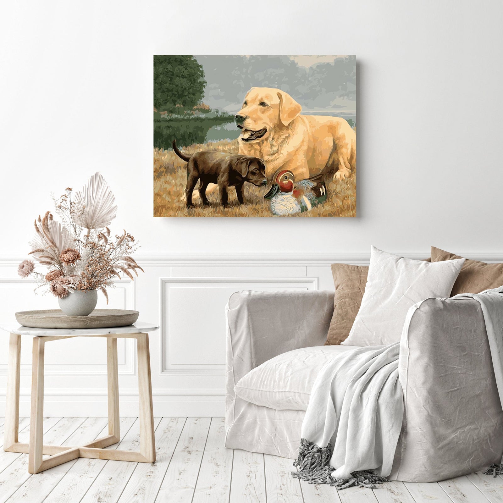 A Puppy and Her Mother | Diamond Painting Displayed as Home Decor