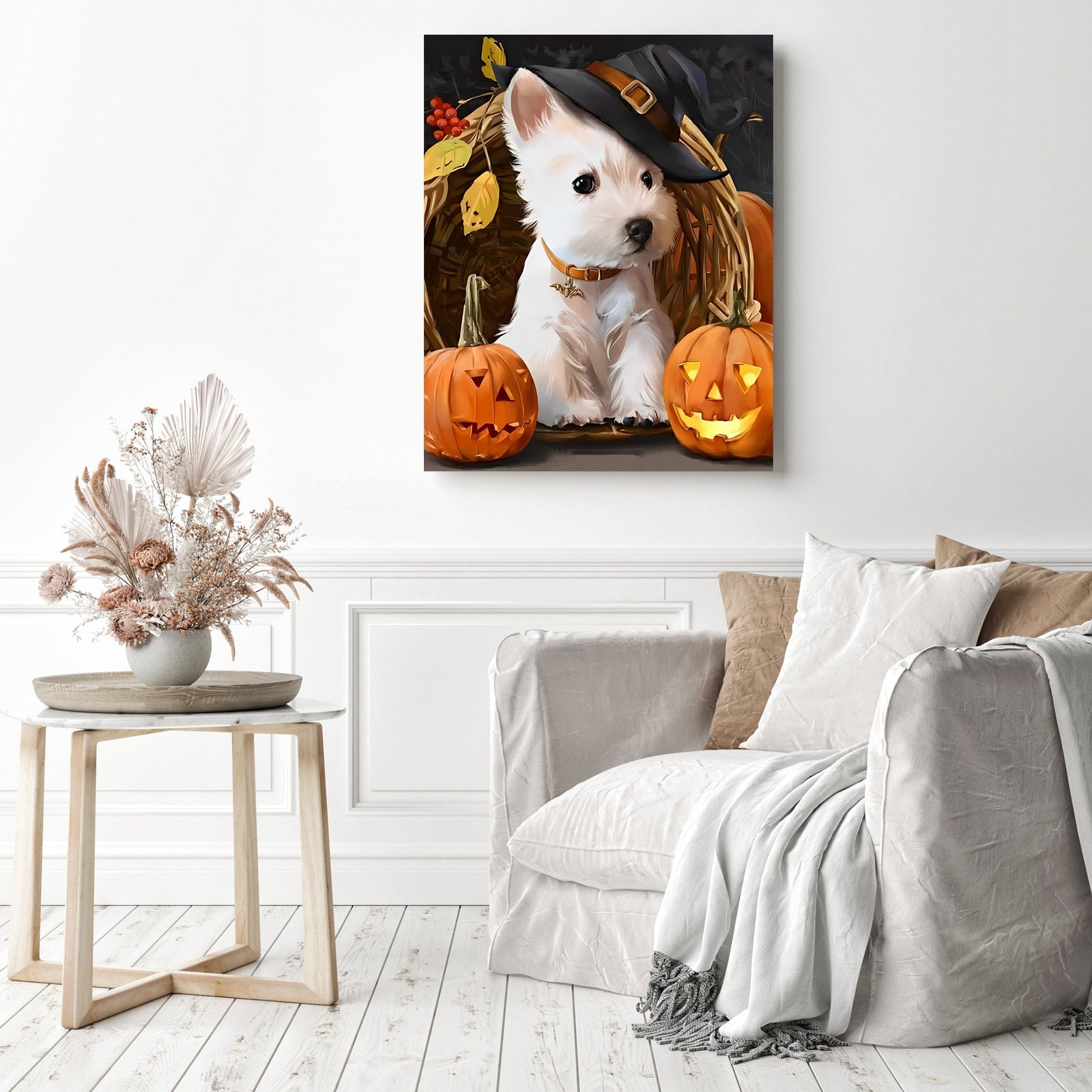 Puppies and Pumpkins | Diamond Painting Displayed as Home Decor