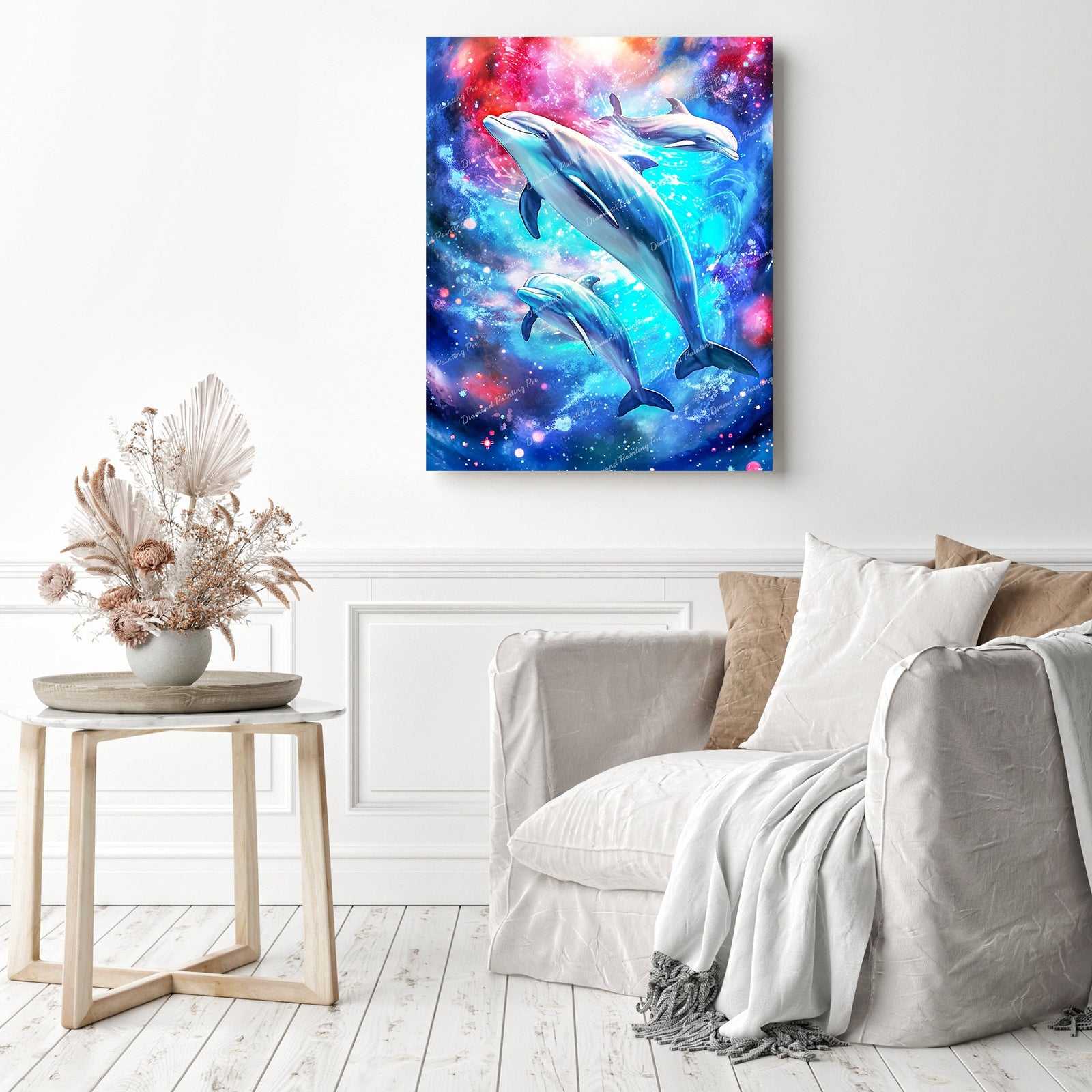 Cosmic Dolphin | Diamond Painting Displayed as Home Decor