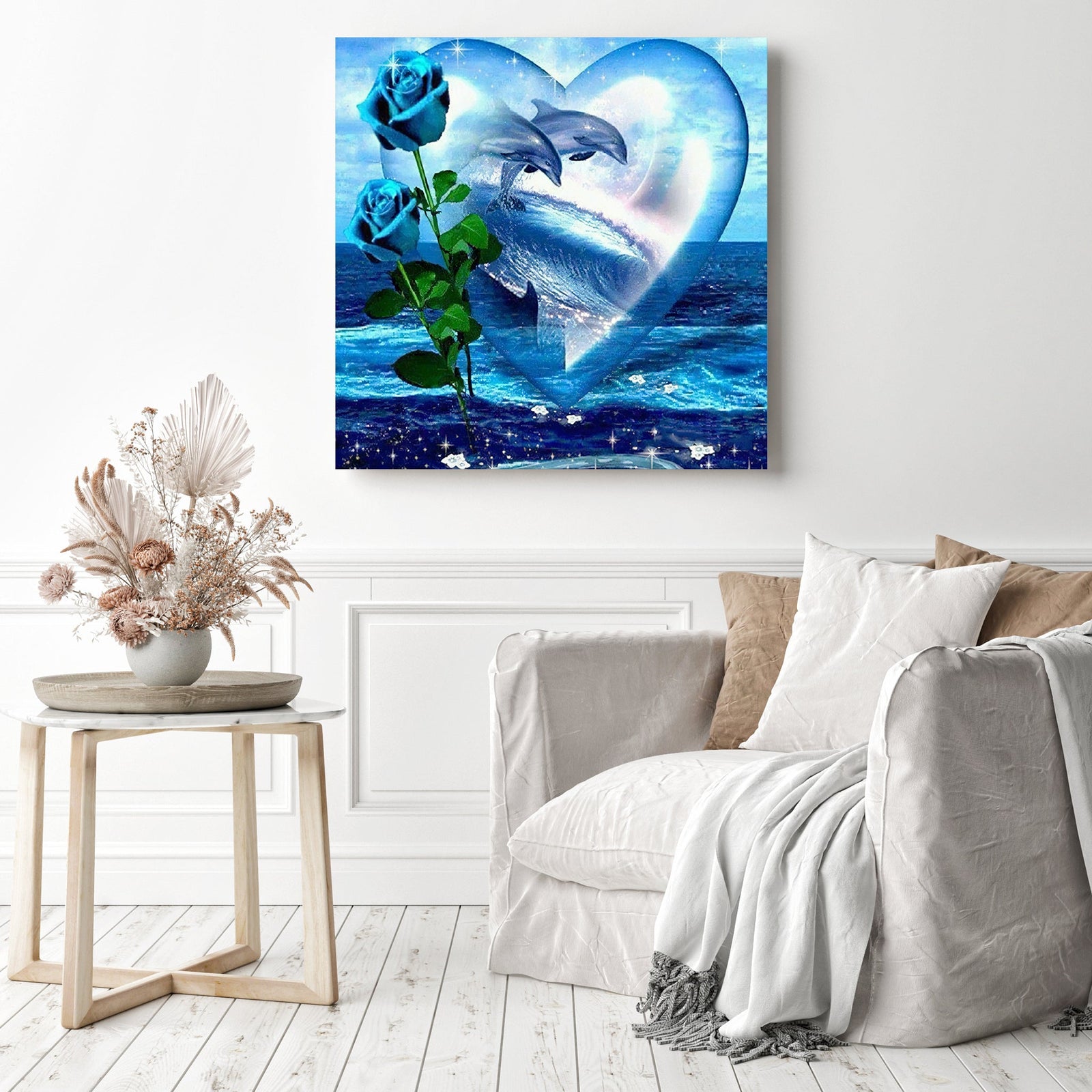 Dolphin Love Rose | Diamond Painting Displayed as Home Decor