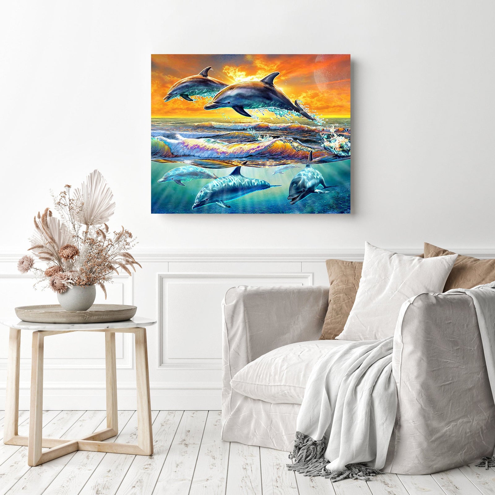 Dolphins under Sunset | Diamond Painting Displayed as Home Decor