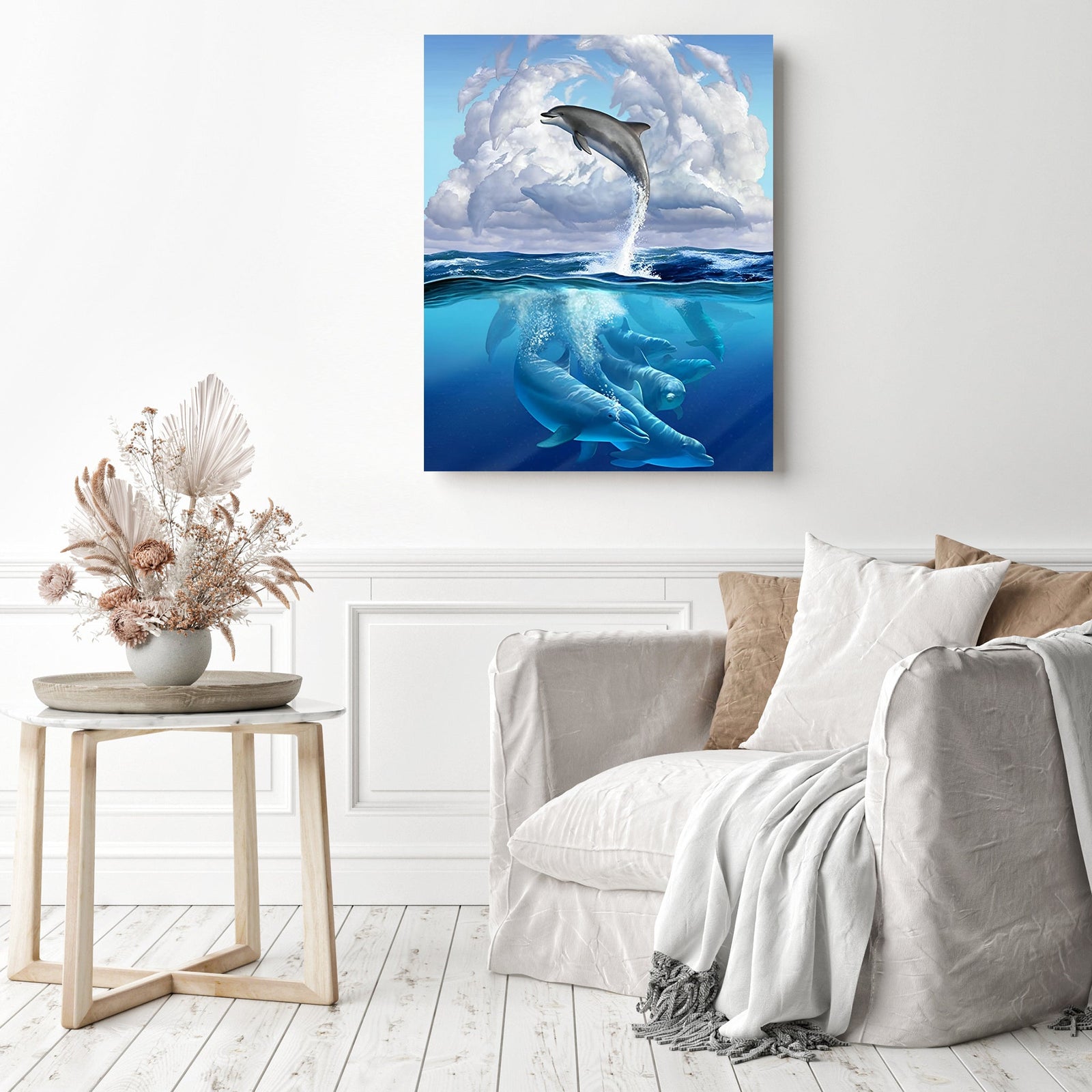 Dolphins and Clouds | Diamond Painting Displayed as Home Decor