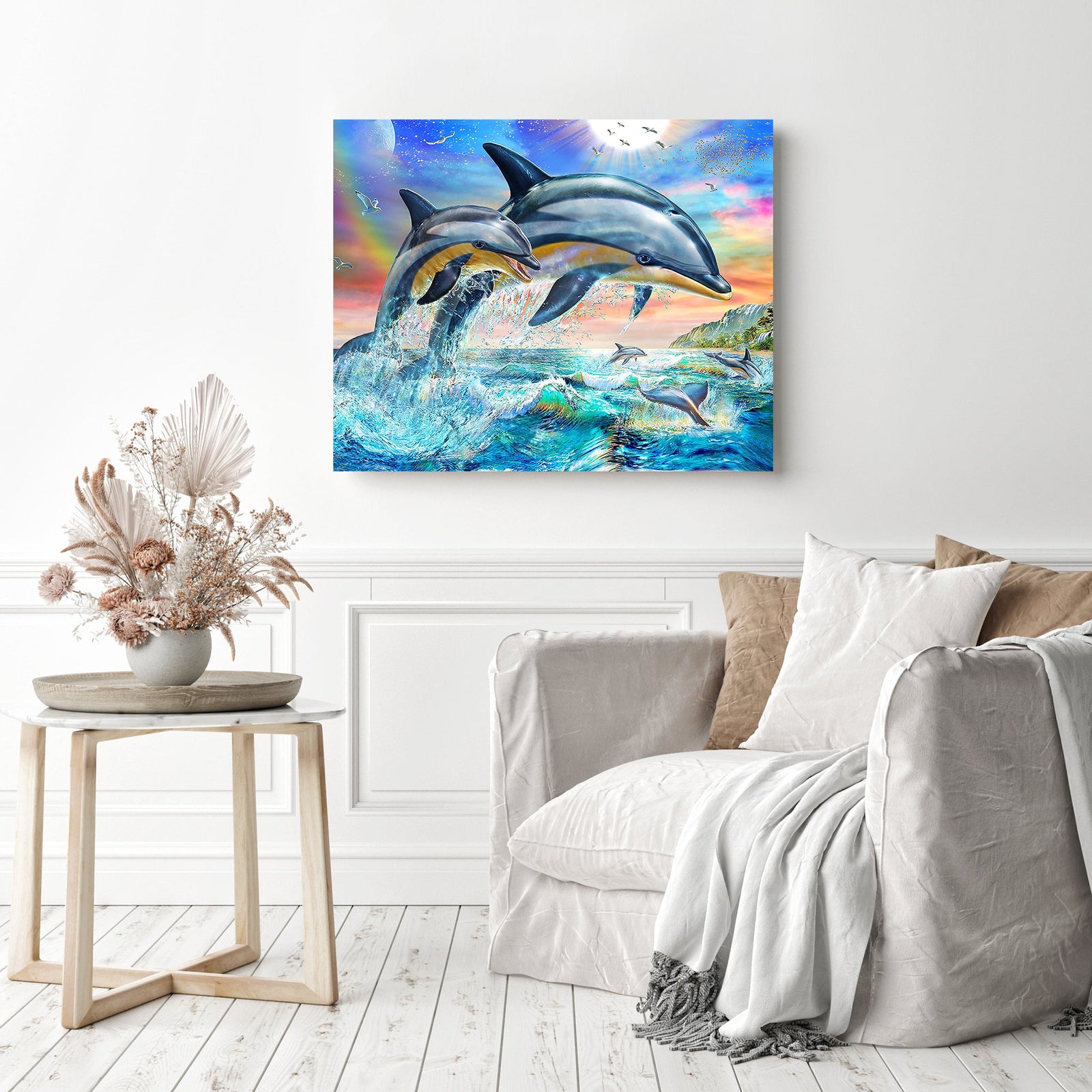 Dolphins Jumping | Diamond Painting Displayed as Home Decor