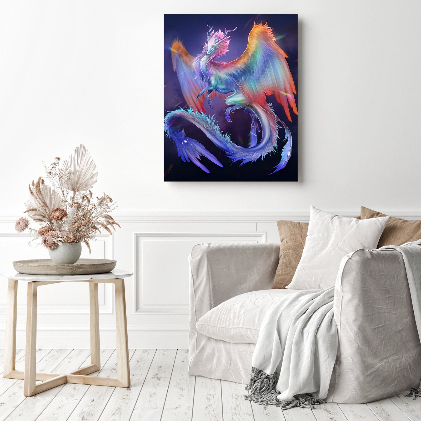 Blue Feather Dragon | Diamond Painting Displayed as Home Decor