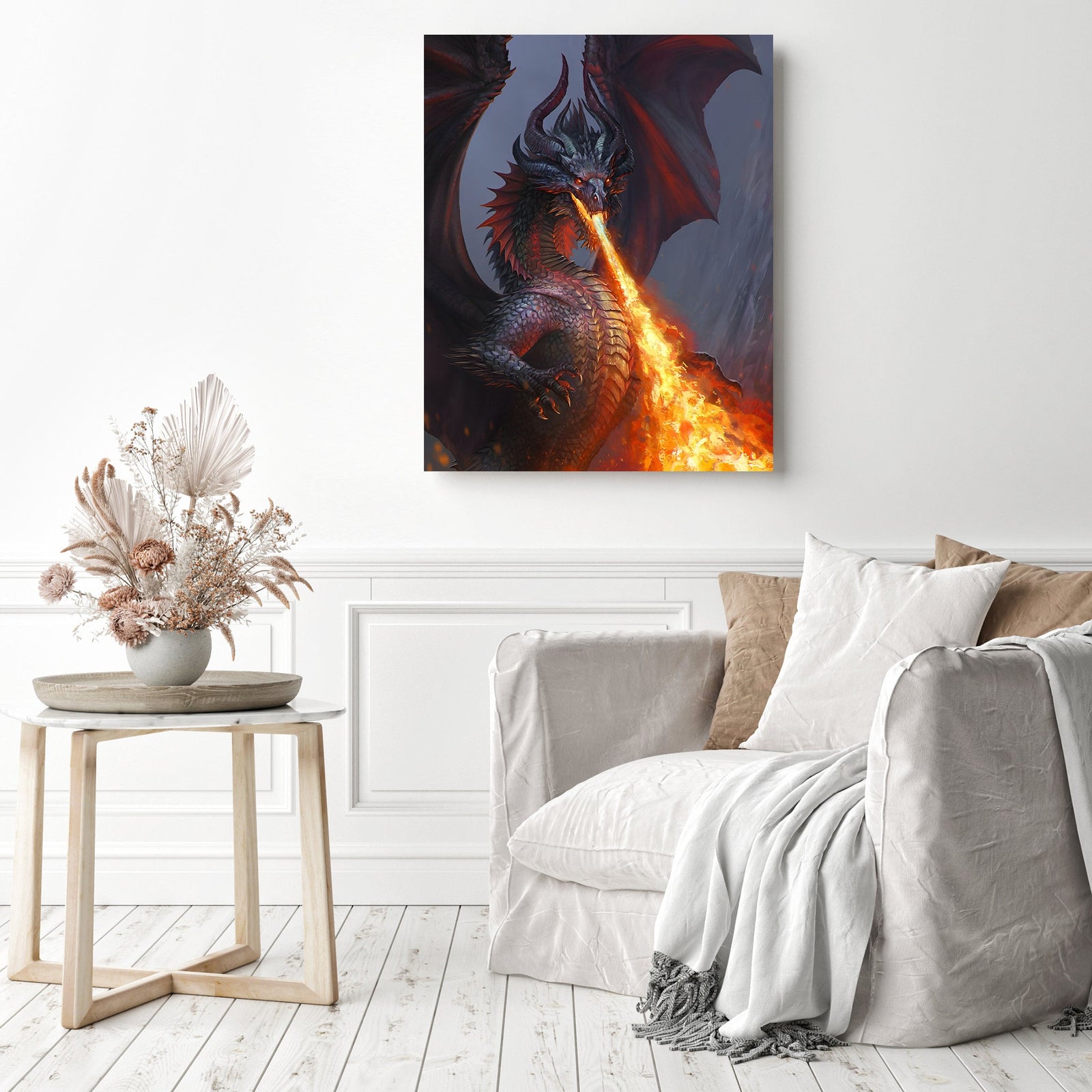 Fantasy Black Dragon Flame | Diamond Painting Displayed as Home Decor