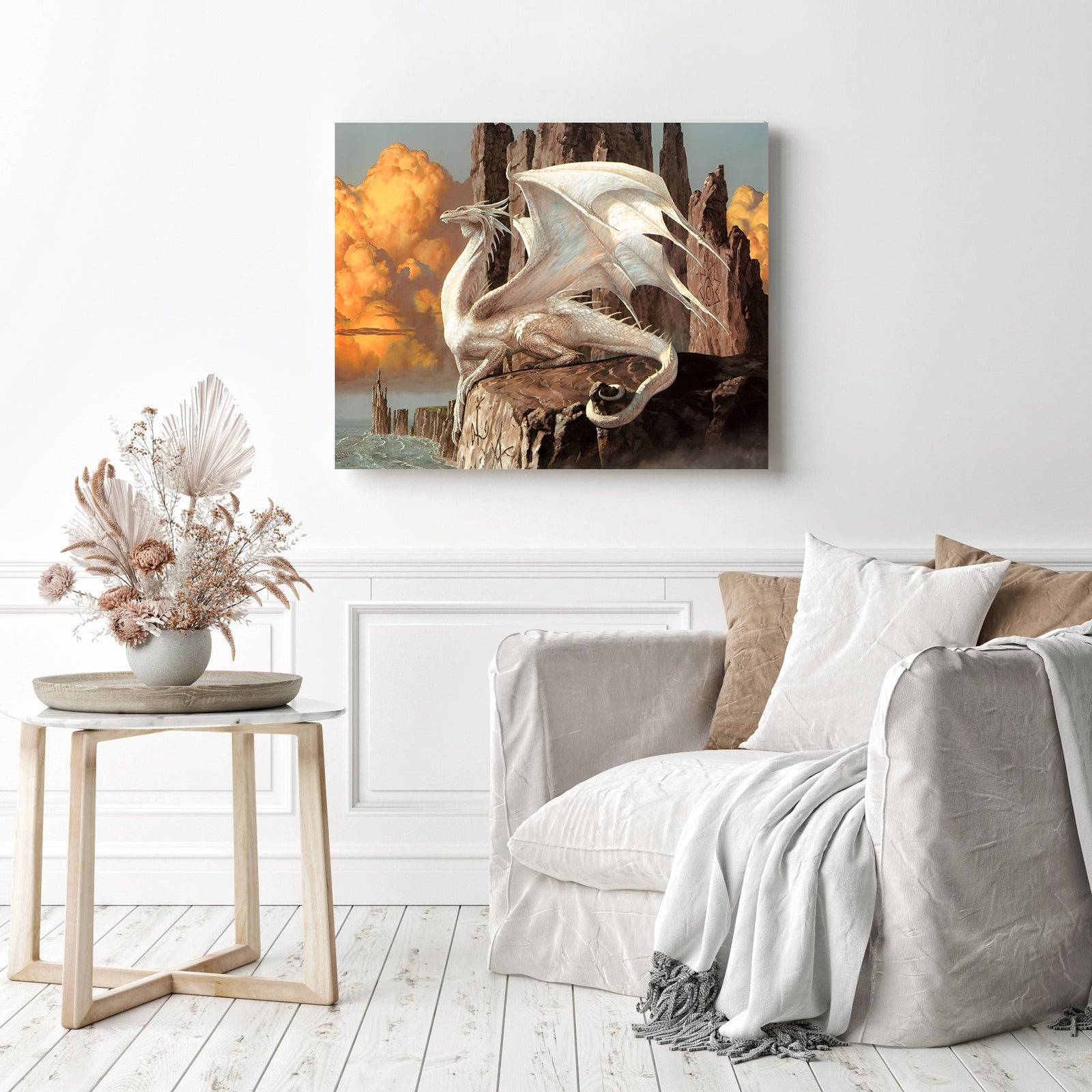 White Dragon | Diamond Painting Displayed as Home Decor