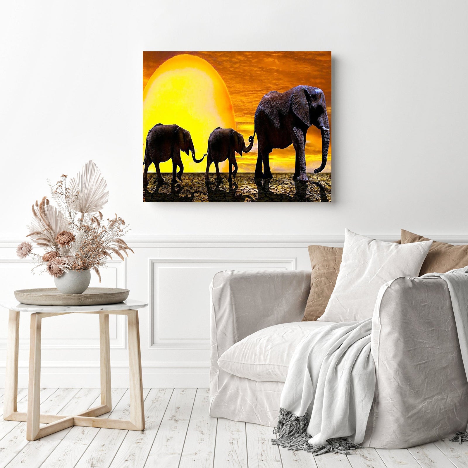 Elephant Herd Family | Diamond Painting Displayed as Home Decor