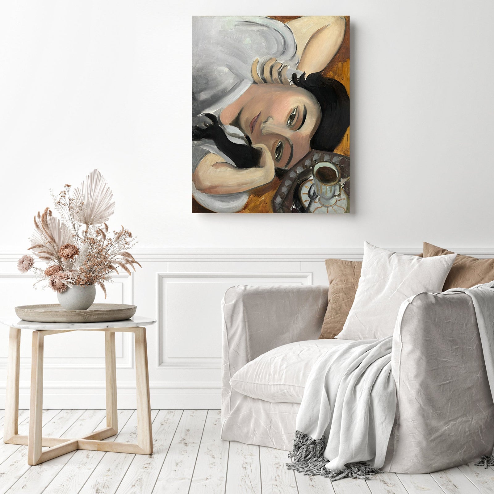 Laurette with a Cup of Coffee | Diamond Painting Displayed as Home Decor