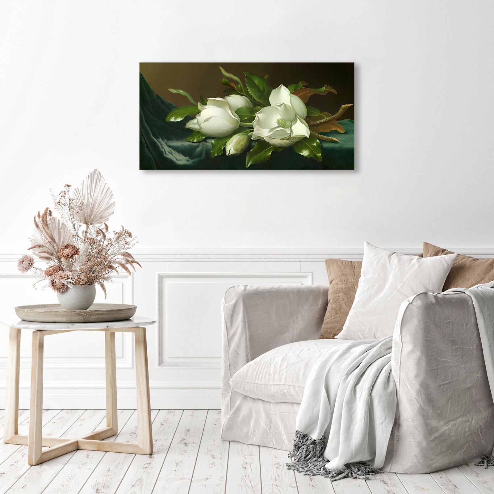 Magnolias on Light Blue Velvet Cloth | Diamond Painting Displayed as Home Decor