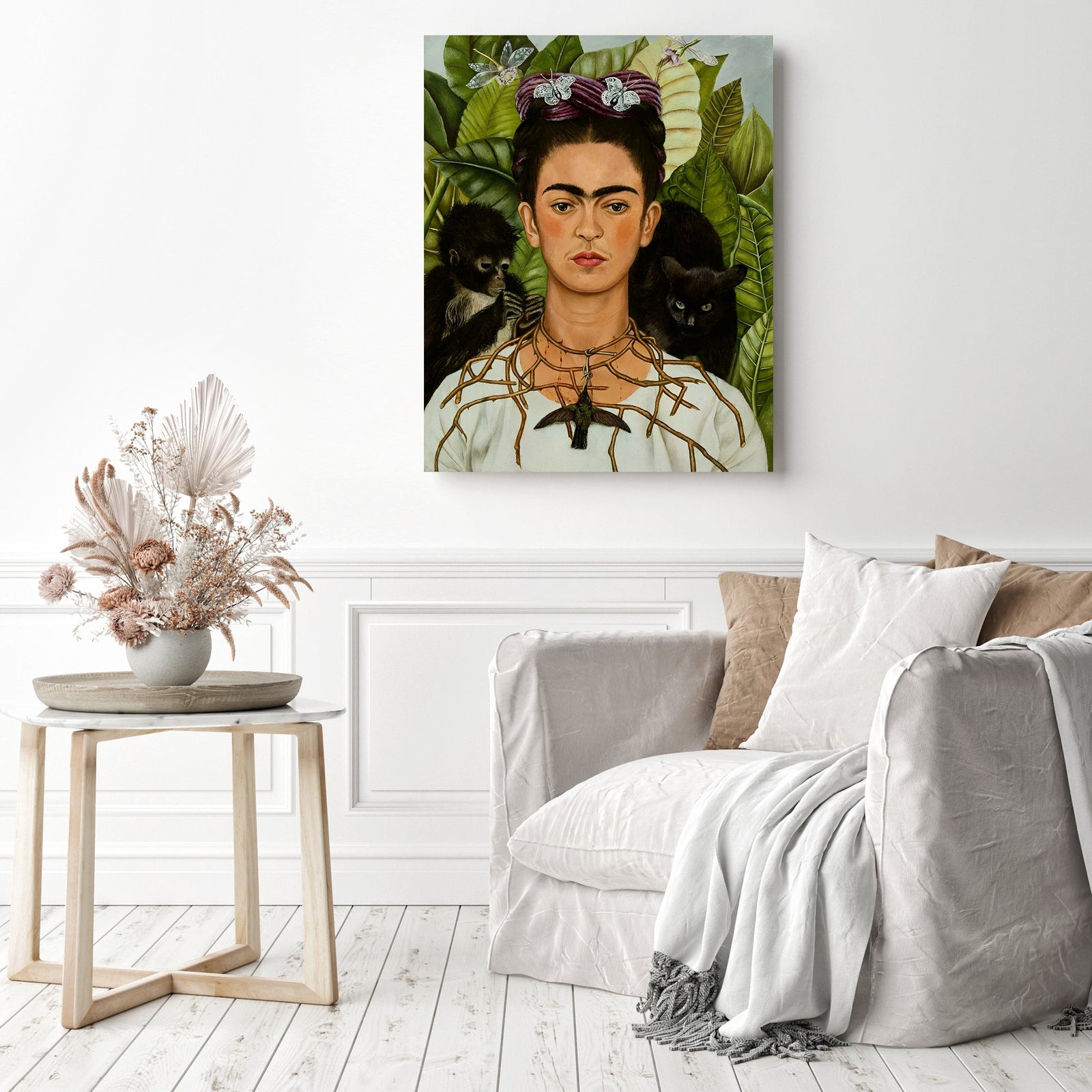 Self-Portrait with Thorn Necklace and Hummingbird | Diamond Painting Displayed as Home Decor