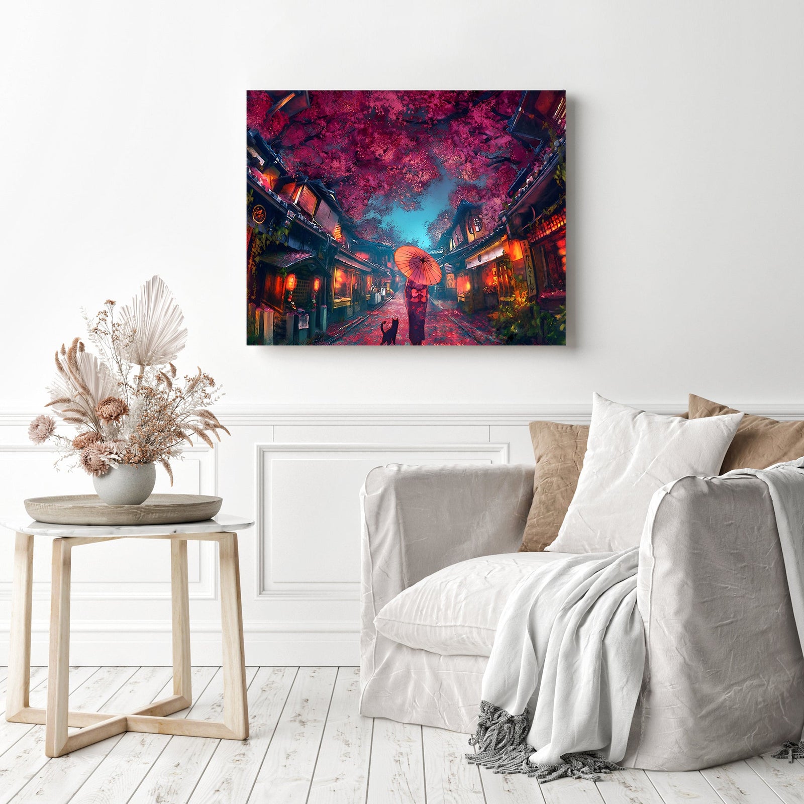 Cherry Blossoms Town | Diamond Painting Displayed as Home Decor