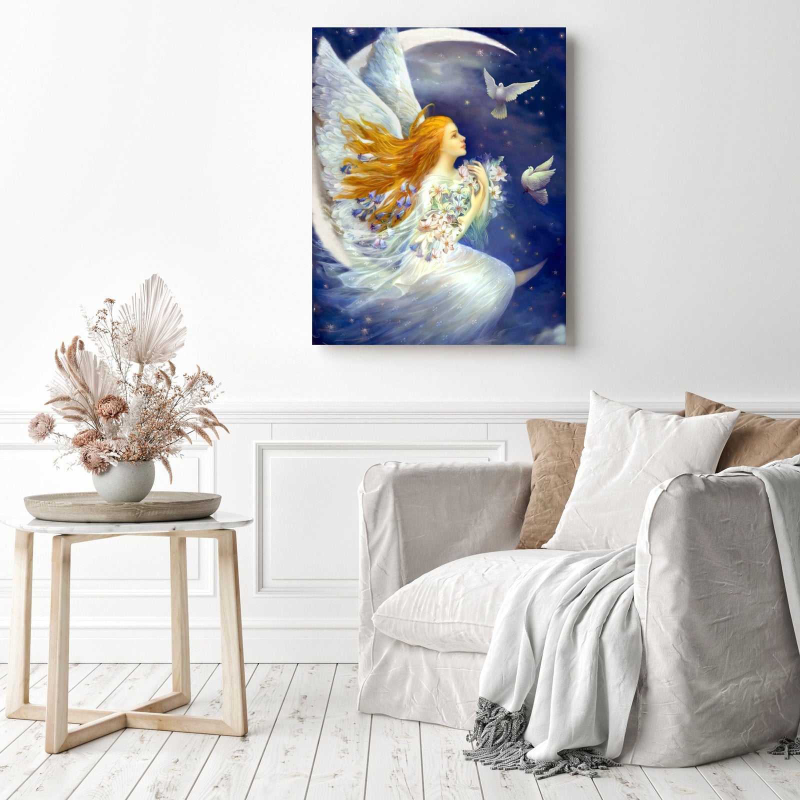 White dove angel sitting on the moon | Diamond Painting Displayed as Home Decor