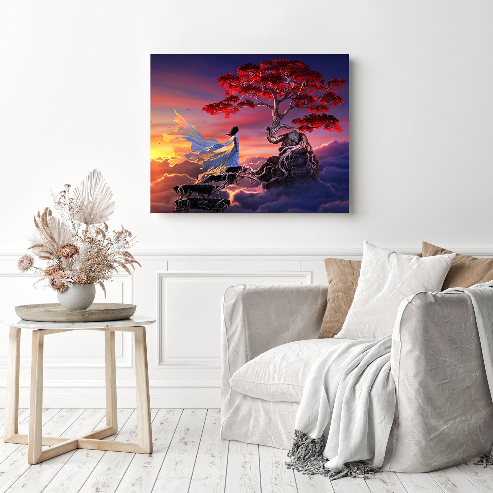 Red Tree in Sky | Diamond Painting Displayed as Home Decor