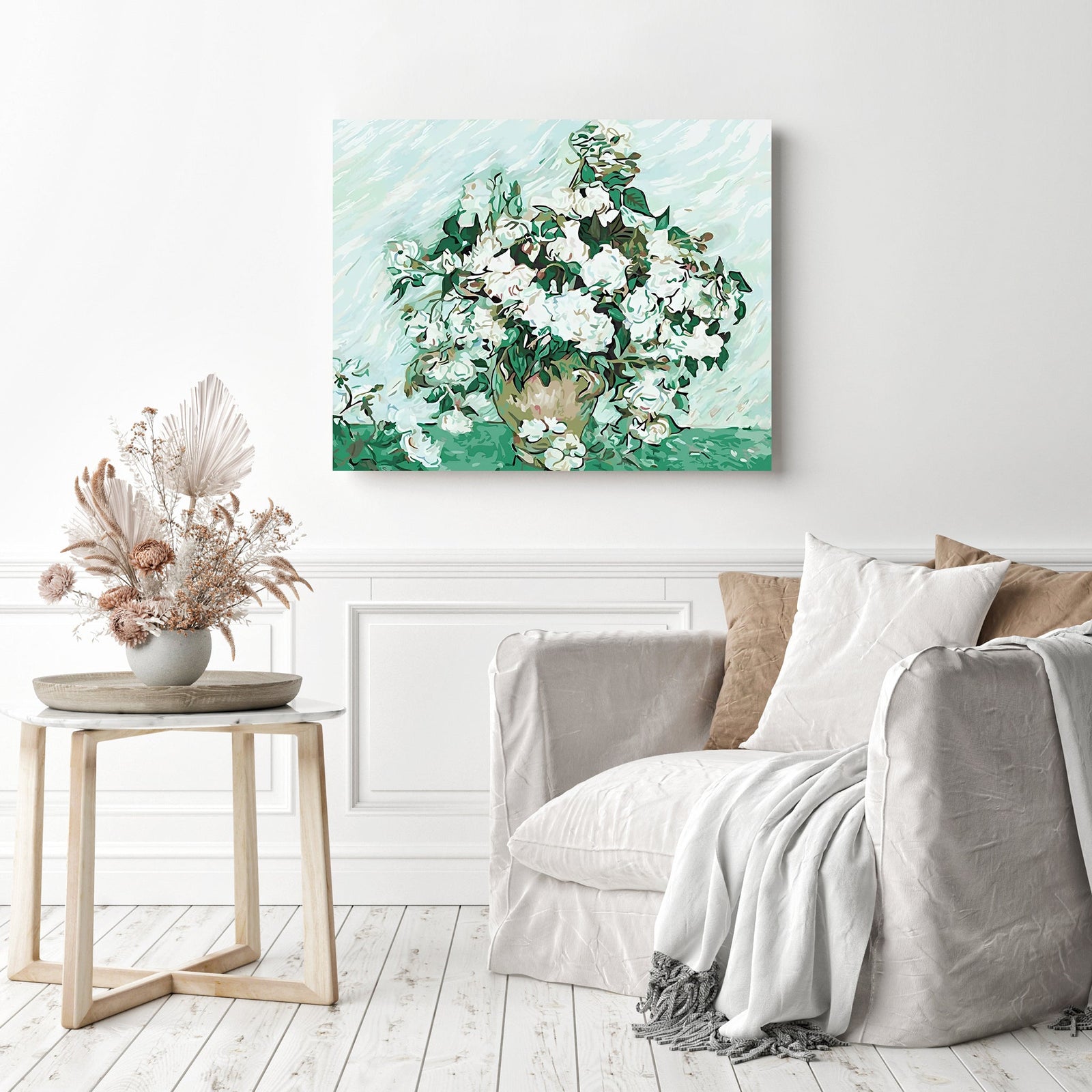 White Roses in Vase | Diamond Painting Displayed as Home Decor