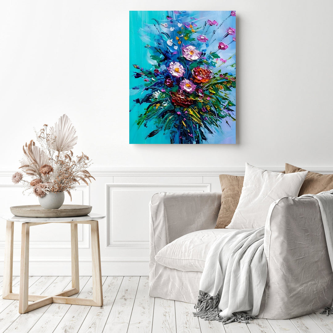 Bouquet of Flowers on Blue Background | Diamond Painting