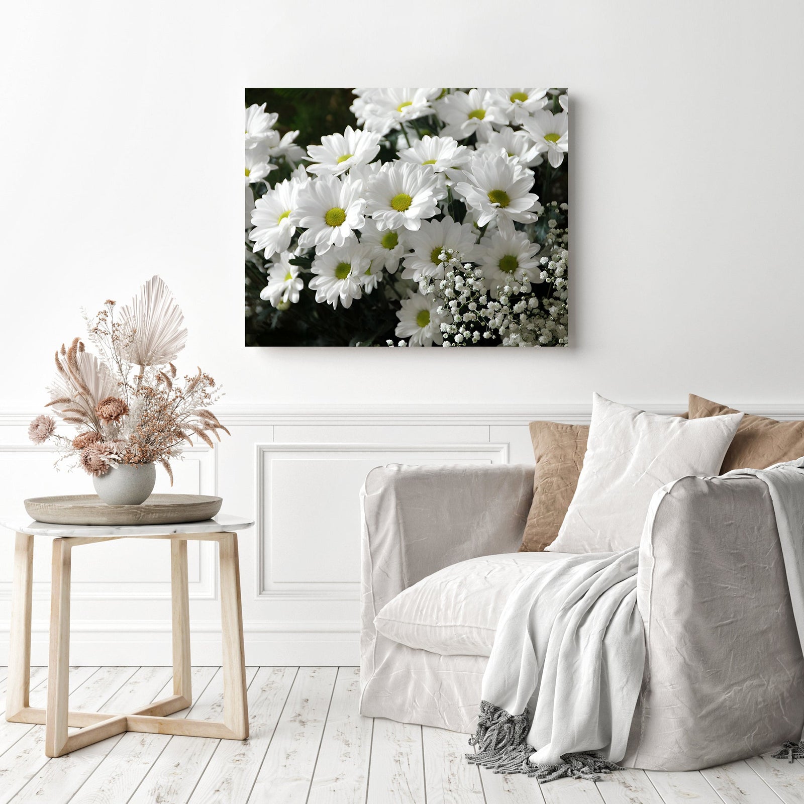 Clusters of White Flowers | Diamond Painting Displayed as Home Decor