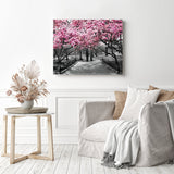 Pink Blossoms in Black and White | Diamond Painting Displayed as Home Decor