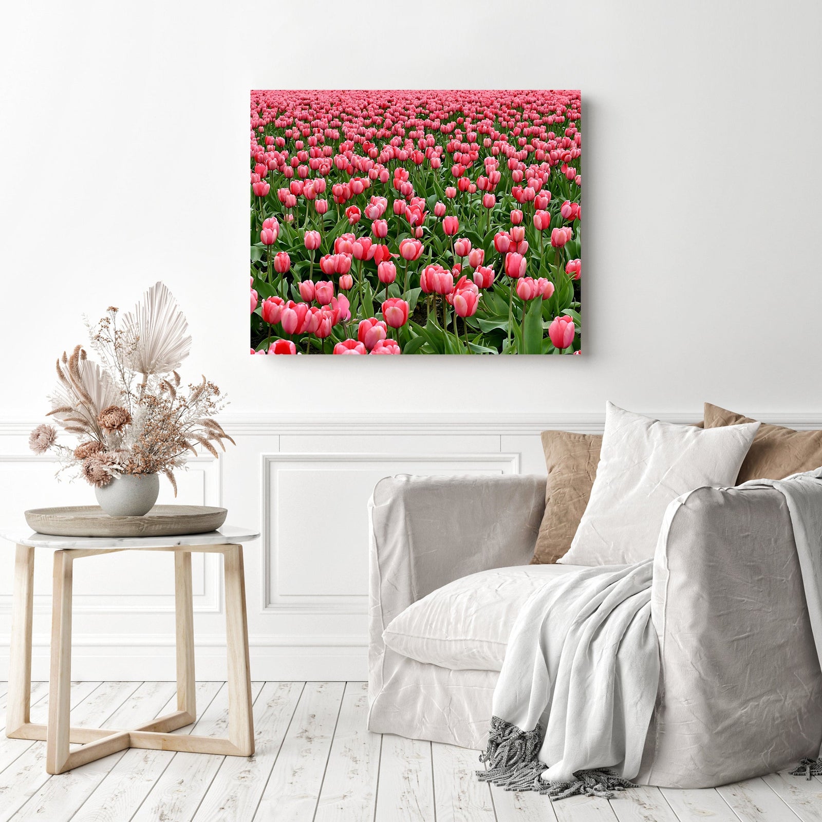 Pink Tulips Field | Diamond Painting Displayed as Home Decor