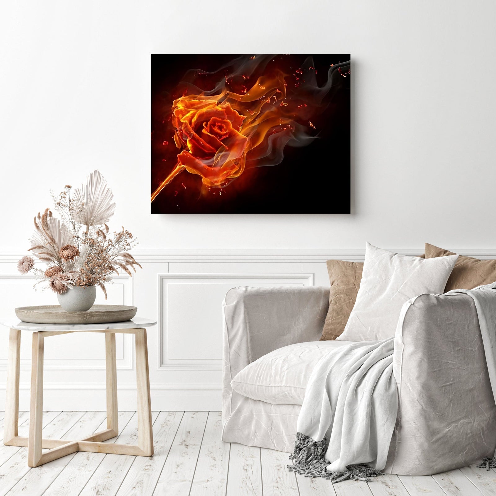 Rose on Fire | Diamond Painting Displayed as Home Decor