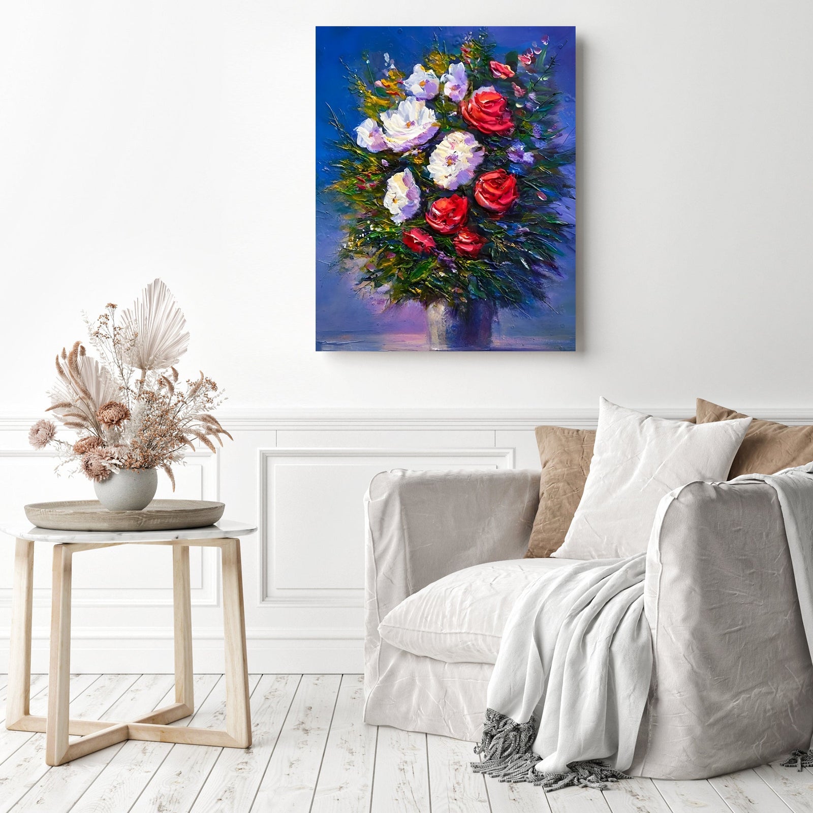 White & Red Flowers Bouquet | Diamond Painting Displayed as Home Decor