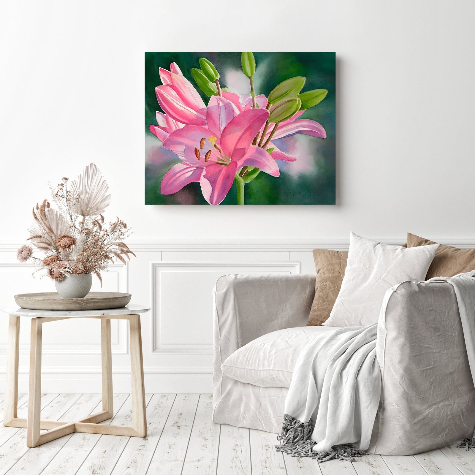 Pink Lily with Buds | Diamond Painting Displayed as Home Decor